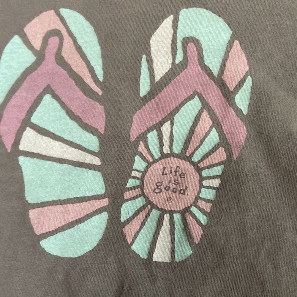 Life Is Good Women's Grey MED Flip Flops Tee Tshirt
